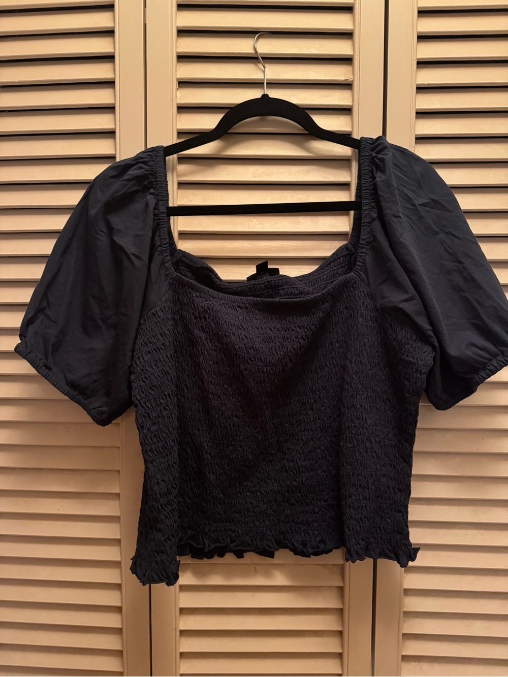 J. Crew Black Smocked Puff-Sleeve Crop Top